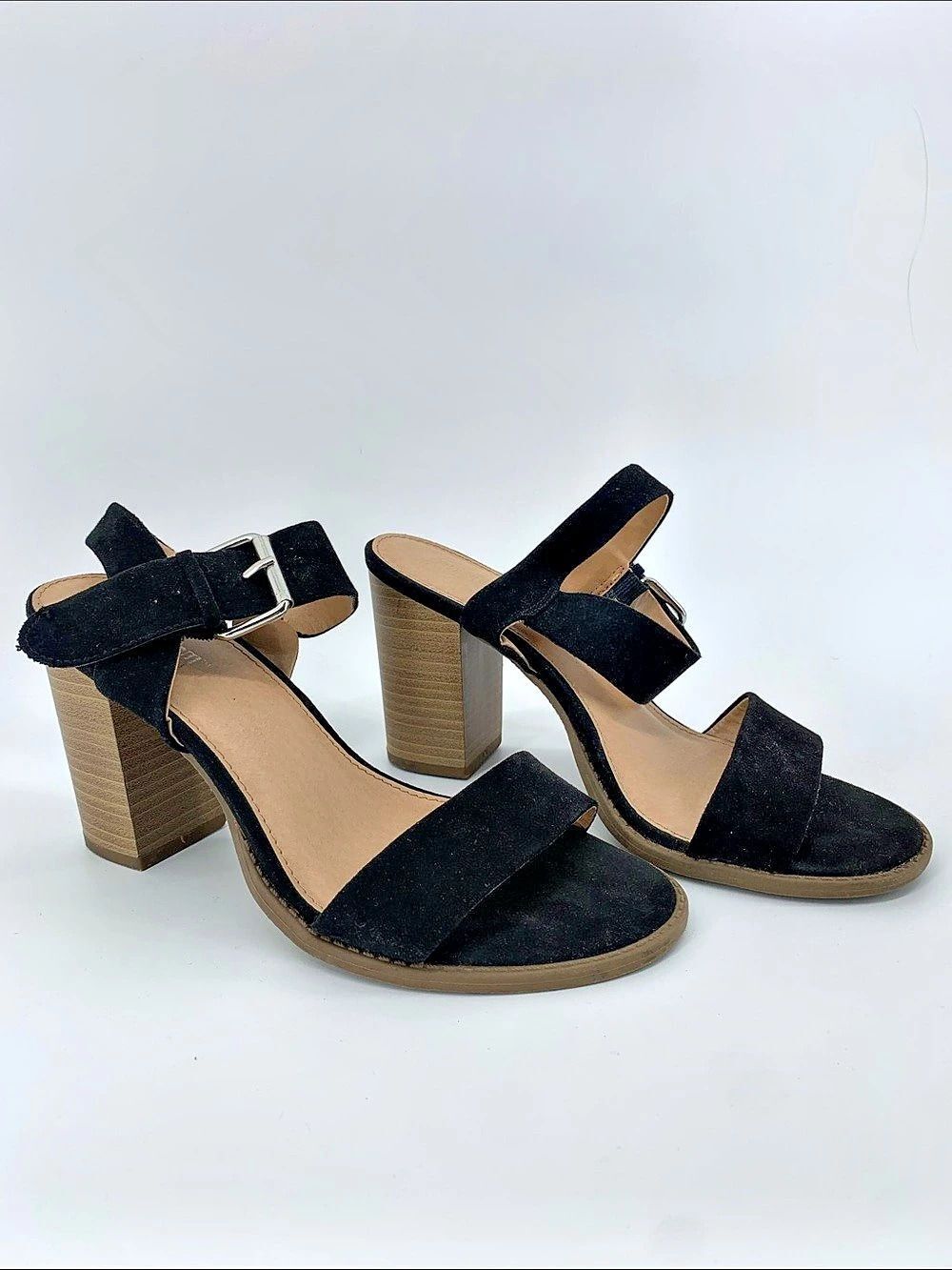 Brash | Black Faux Suede Ankle Strap Chunky Block Heels | Size 8